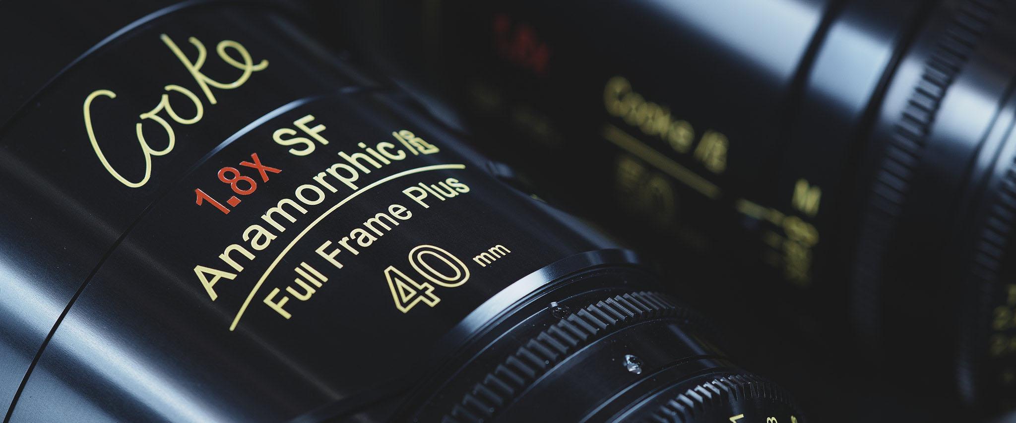 Closeup of a Cooke anamorphic 40mm camera lens.